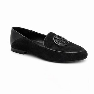 Tory Burch Black Suede Loafers Leather Heel Flats Size 7.5